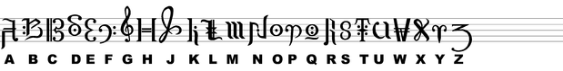 A set of stylized letters used as clefs on the middle barline of a staff, including a conventional F, G, and C clef (as baritone, soprano, and alto clefs) as well as the J and H clefs from Bohlen-Pierce notation..